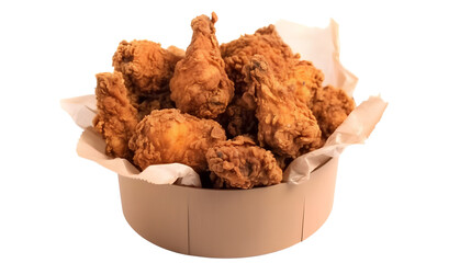 Fried Chicken on Brown Paper Bucket Isolated on White Background, Image Ai Generated
