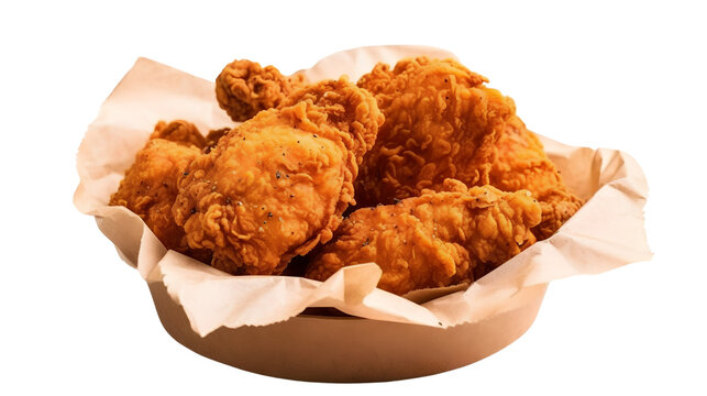 Fried Chicken on Brown Paper Bucket Isolated on White Background, Image Ai Generated