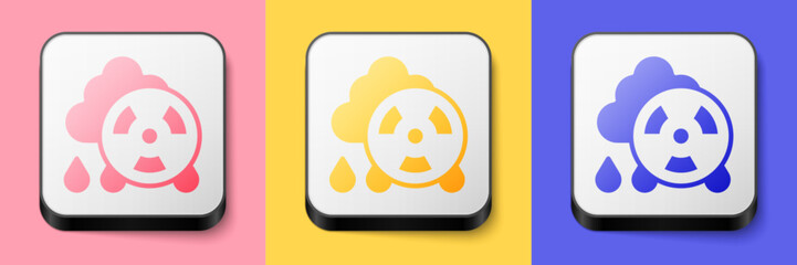 Isometric Acid rain and radioactive cloud icon isolated on pink, yellow and blue background. Effects of toxic air pollution on the environment. Square button. Vector