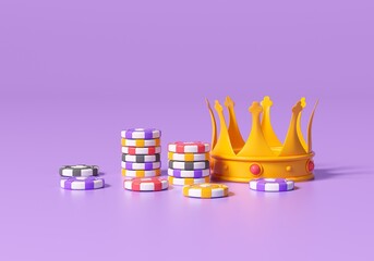 Casino chips and crown on 3d purple background. Flying chips for online casino and mobile gambling applications, winner poker, wealth concept.