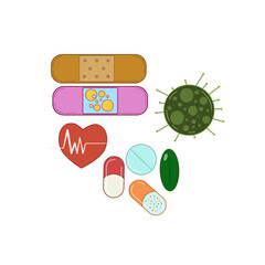 illustration of a set of medical icons ,bandage, tablet ,capsule , heart , virus .