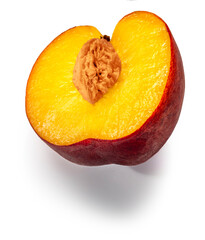 Peaches on a white isolated background. Ripe fresh tropical nectarine fruit piece with pit.