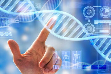 Human hand pointing at DNA. Futuristic Holographic Interface, showing medical Data in augmented reality from artificial intelligence AI. Microbiology programming
