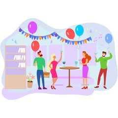 Happy people having fun at office party. 
Excited office girls and guys celebrating success together.
Corporate party, team building activity, corporate event idea concept.
