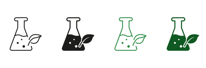 Glass Flask with Leaf Silhouette and Line Icon Set. Science Chemistry Natural Research Experiment Black and Green Logo. Bio Laboratory Sign. Paraben Free Symbol. Isolated Vector Illustration