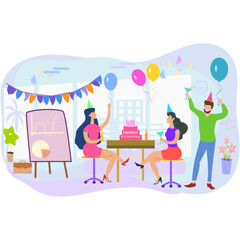 Happy people having fun at office party. 
Excited office girls and guys celebrating success together.
Corporate party, team building activity, corporate event idea concept.
