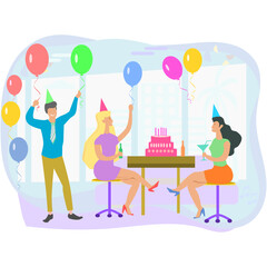 Happy people having fun at office party. 
Excited office girls and guys celebrating success together.
Corporate party, team building activity, corporate event idea concept.
