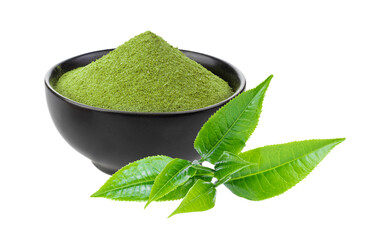 instant matcha green tea in black bowl and leaf on transparent png