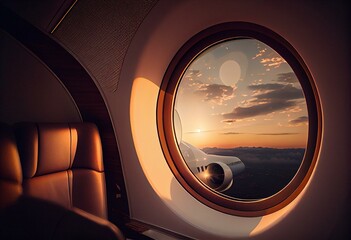 Luxury interior in the modern business jet and sunlight at the window/sky and clouds through the porthole. Generative Ai