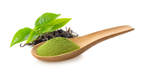 matcha green tea powder in wood spoon. fresh green tea leaf and dry  on transparent png