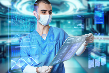 Doctor surgeon in medical apparel working with Futuristic Holographic Interface, showing medical...