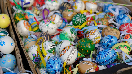 Beautiful colorful decor for Easter. Traditional Easter painted colorful eggs. Selective focus.
