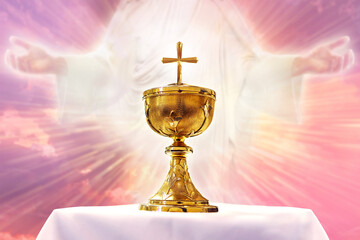 Chalice in an altar with God light in the background. Holy eucharist theme concept.