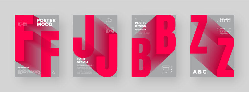 Abstract poster design collection. Vertical A4 format. Modern placard set. Strict and discreet brochure. Red letter, 3D type composition.