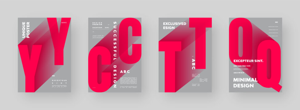 Abstract poster design collection. Vertical A4 format. Modern placard set. Strict and discreet brochure. Red letter, 3D type composition.