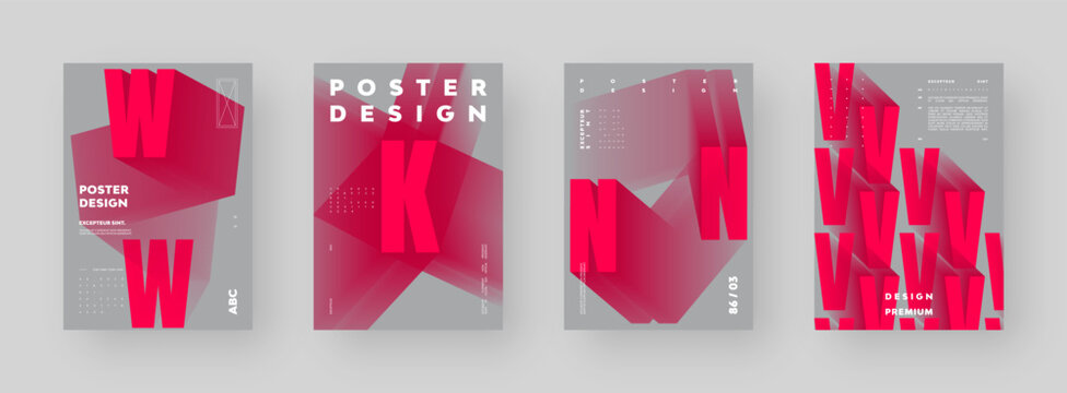 Abstract poster design collection. Vertical A4 format. Modern placard set. Strict and discreet brochure. Red letter, 3D type composition.