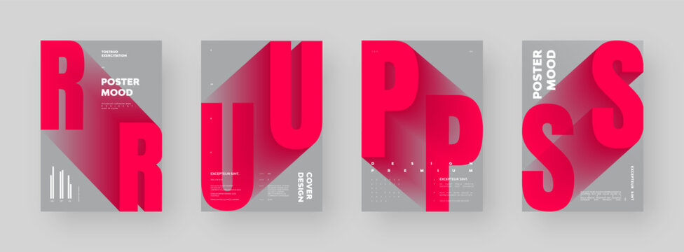 Abstract poster design collection. Vertical A4 format. Modern placard set. Strict and discreet brochure. Red letter, 3D type composition.