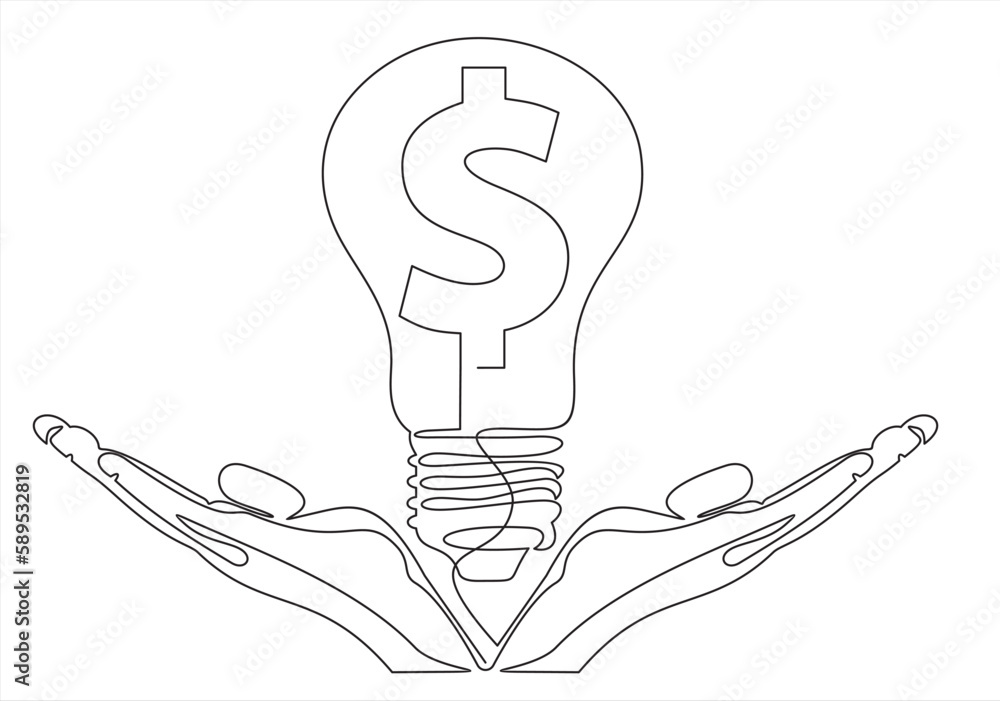 Aufkleber single continuous line of hands holding single one line drawing bulb with dollar sign. financial tec