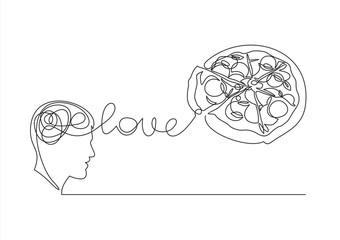 continuous stylized modern drawing of a human head and brain thinking about a pizza, thinking about food. Time to eat. flat vector linear illustration on a white background.