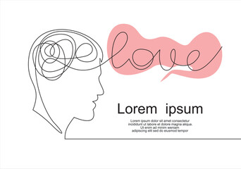 Continuous one line drawing of human head with inscription "love". Concept of valentine's day. Vector illustration