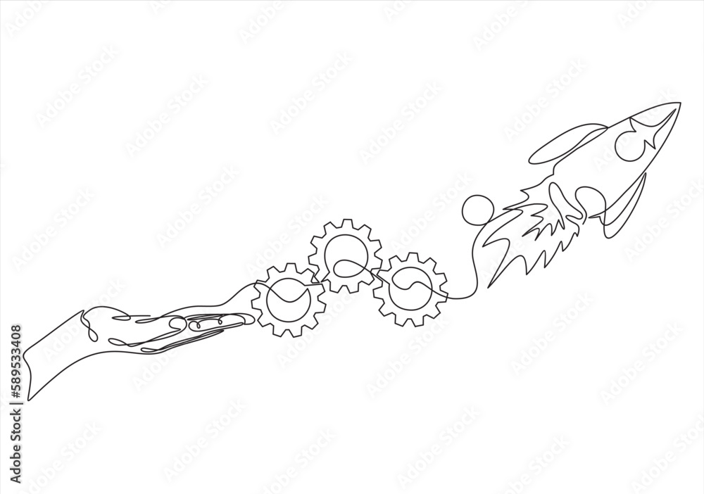 Poster continuous one single line drawing of hand holding gears and business project start up concept with 
