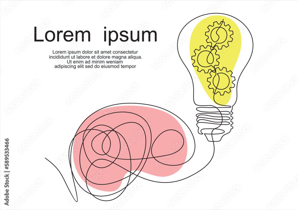 Poster continuous one drawn line of a man thinking with light bulb in front of his head. allegory of soluti