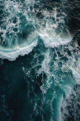 Spectacular aerial top view background photo of ocean, white wave splashing in the deep sea. 