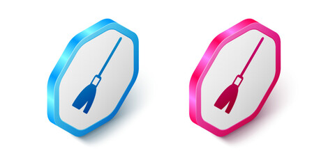 Isometric Handle broom icon isolated on white background. Cleaning service concept. Hexagon button. Vector