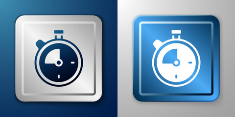 White Stopwatch icon isolated on blue and grey background. Time timer sign. Chronometer sign. Silver and blue square button. Vector