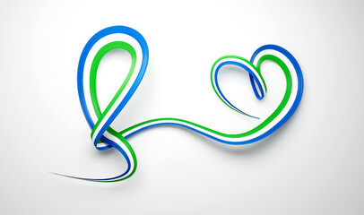 3d Flag Of Sierra leone Heart-Shaped Shiny Wavy Awareness Ribbon On White Background, 3d illustration