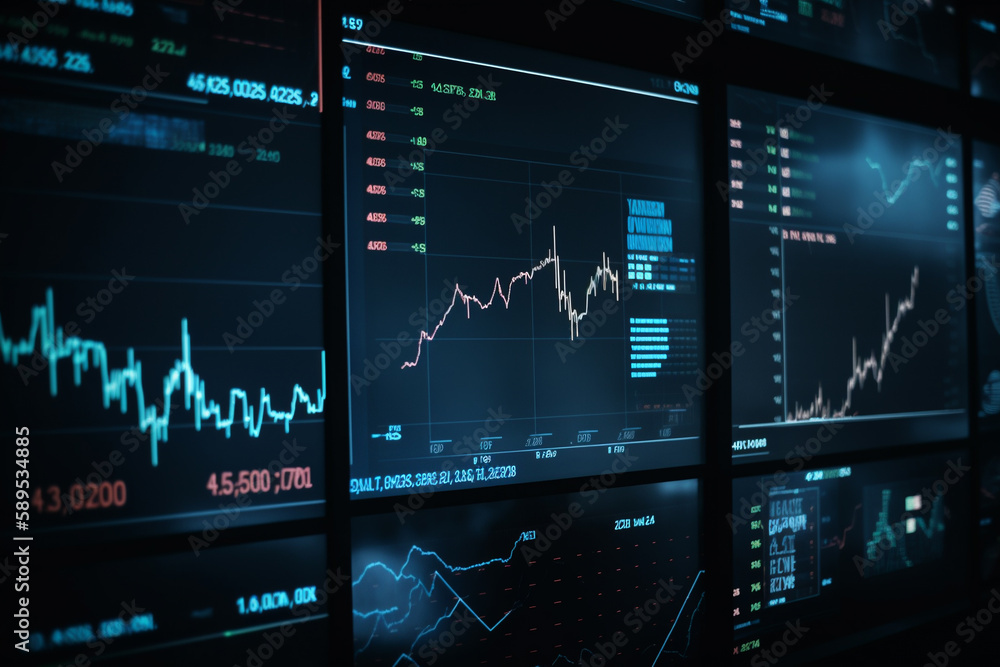 Poster screen with stock market index charts and diagrams. ai generative
