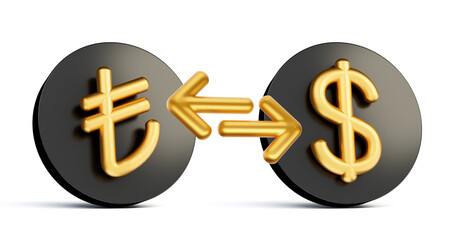 3d Golden Lira And Dollar Symbol On Rounded Black Icons With Money Exchange Arrows, 3d illustration