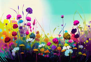 A panoramic view of a meadow with colorful abstract flowers in the background. Generative AI
