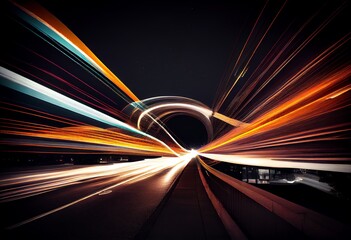 Abstract long exposure dynamic speed light trails in urban. Generative AI