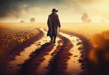 An old farmer walking on crops field soil in an illustration collection of career and lifestyle, live your life. Generative AI