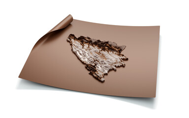 Map Of Bosnia And Herzegovina Old Style Brown On Unrolled Map Paper Sheet, 3d illustration