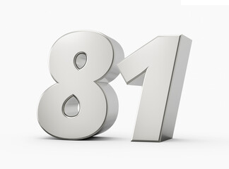 3d Shiny Silver Number 81, Eighty One 3d Silver Number Isolated On White Background, 3d illustration