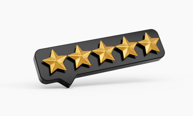 3d Five Golden Shiny Rating Stars Symbol With 3d Black Chat Icon On White Background 3d illustration