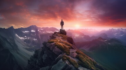 Fototapeta premium silhouette of a person on a mountain top, Generative AI