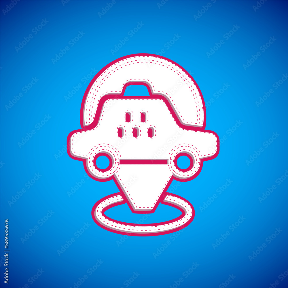 Poster white map pointer with taxi car icon isolated on blue background. location symbol. vector