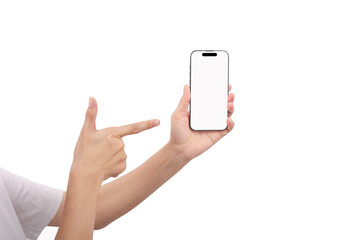 Obraz na płótnie Canvas The hand is holding the white screen, the mobile phone is isolated on a white background with the clipping path.