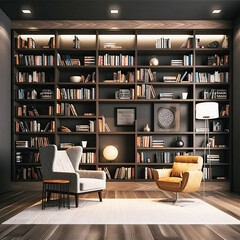 Sleek and Sophisticated: A Contemporary Bookshelf with an Elegant Design, Showcasing a Photorealistic Backdrop of a Study Filled with Books