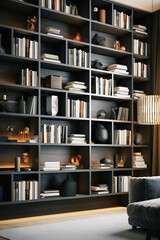 Obraz na płótnie Canvas Sleek and Sophisticated: A Contemporary Bookshelf with an Elegant Design, Showcasing a Photorealistic Backdrop of a Study Filled with Books