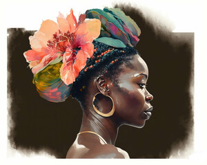 A determined African American woman with vibrant coils bouncing down her back a bright beaded headband and a magnificent flower tucked. AI generation