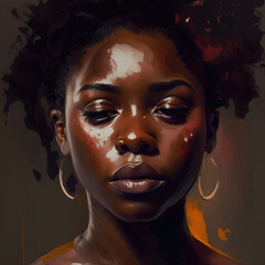 A portrait of an African American woman looking down at her heart a look of treasured knowingness reflected in her gaze.. AI generation