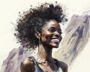 A black woman standing tall on a rugged peak her unruly hair blowing out behind her a triumphant smile on her face.. AI generation