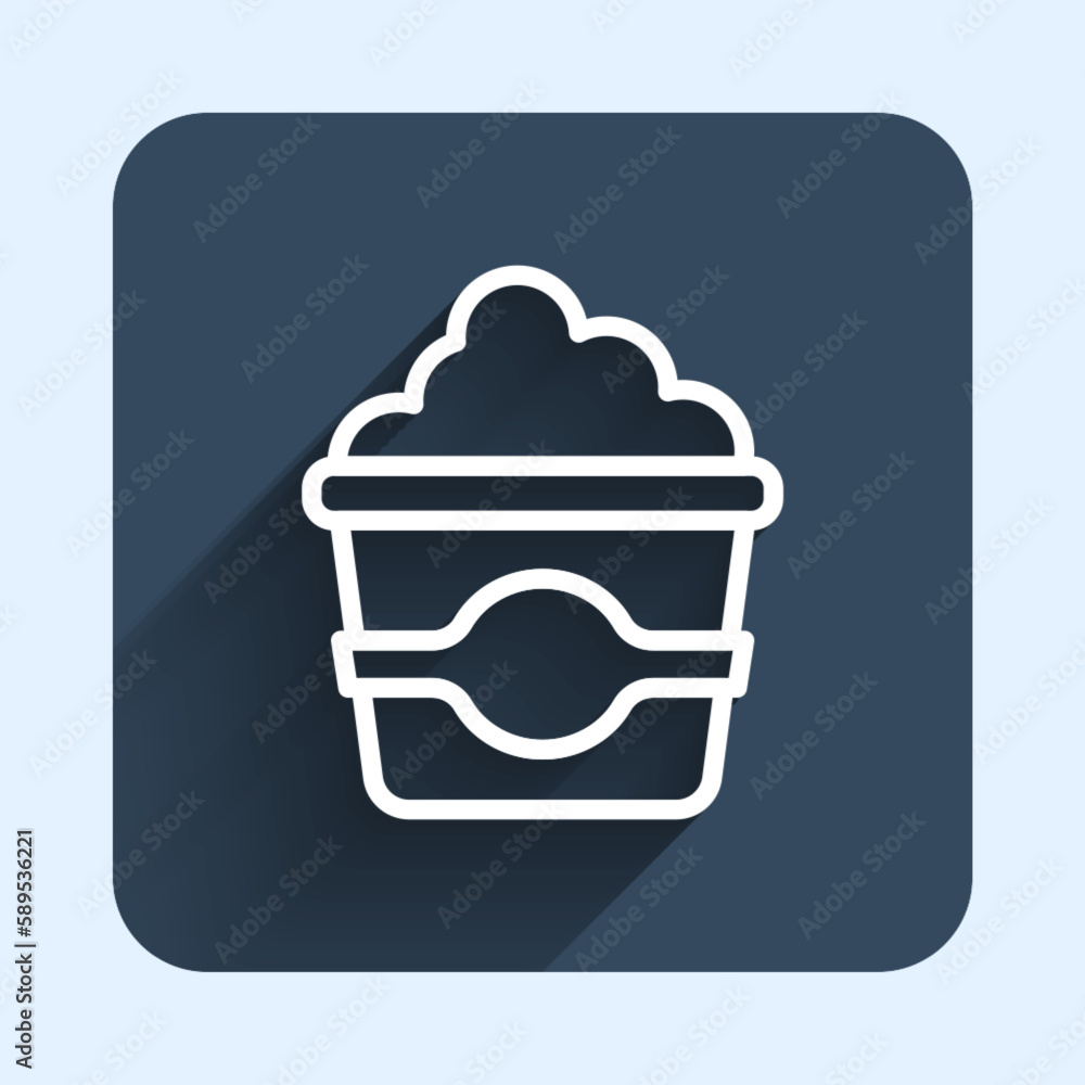 Poster white line popcorn in cardboard box icon isolated with long shadow background. popcorn bucket box. b