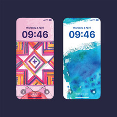Wallpaper for Mobile Phone in Watercolor style. Vertical Background with Geometric pink Pattern. Paint Spot with Blue Splashes. Look screen. 