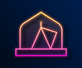 Naklejka premium Glowing neon line Tourist tent icon isolated on black background. Camping symbol. Vector