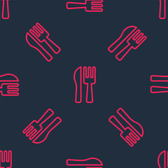 Red line Crossed knife and fork icon isolated seamless pattern on black background. Cutlery symbol. Vector